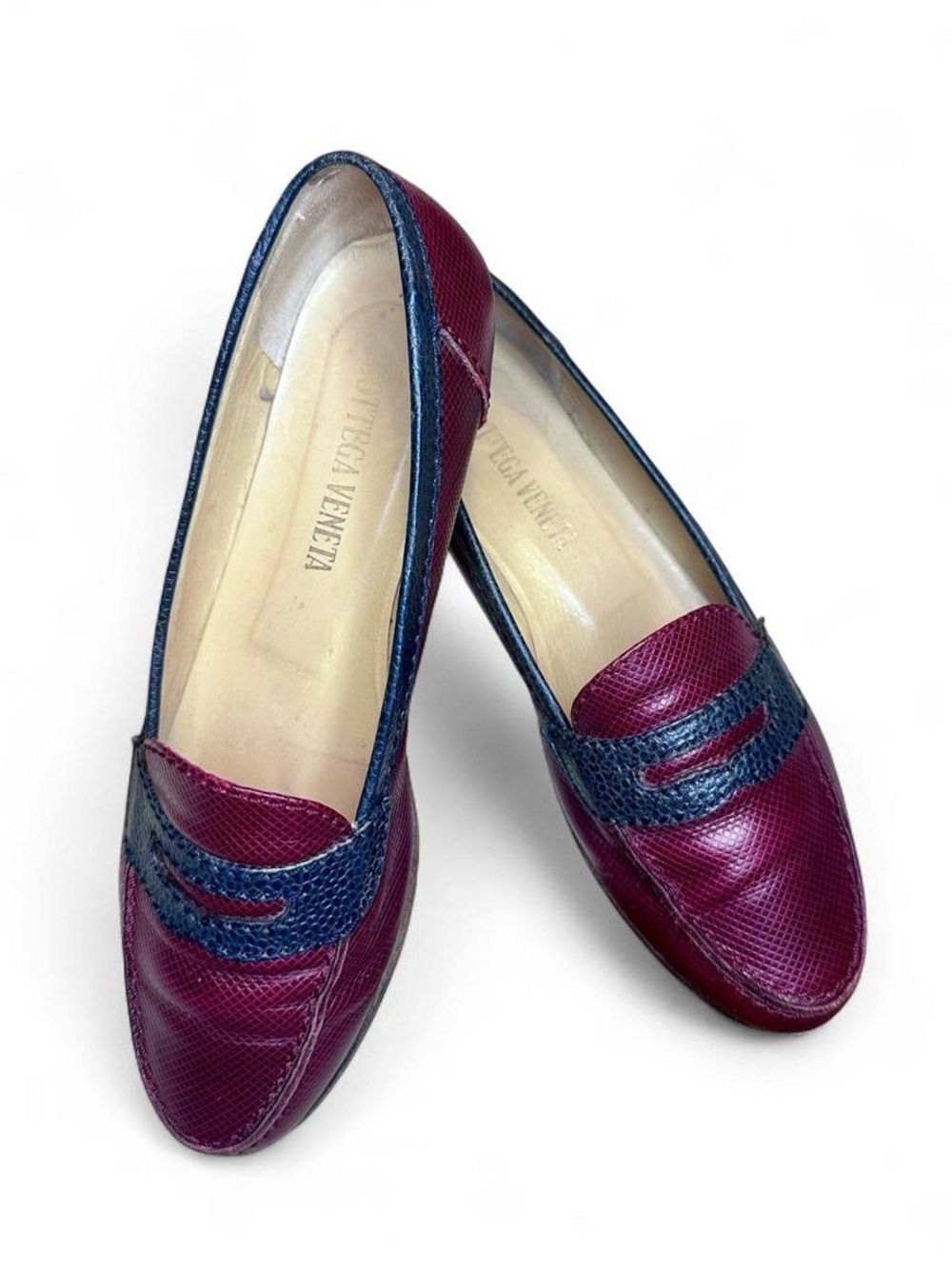 Vintage Bottega Veneta Italian Leather Penny Loafers Burgundy and Black